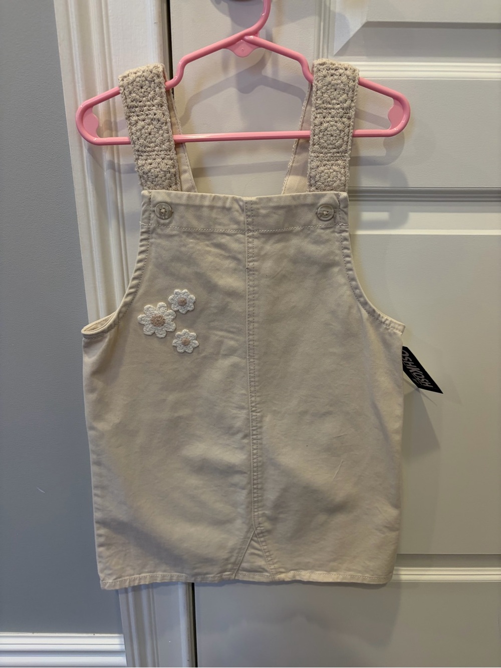 OshKosh B'gosh Cream Overall Dress with Floral Appliqués